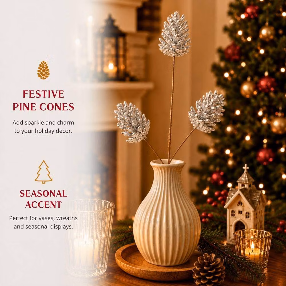 Shatchi Glitter Silver Pine Cone Christmas Picks, 12 Pack, Height: 58 cm – 6