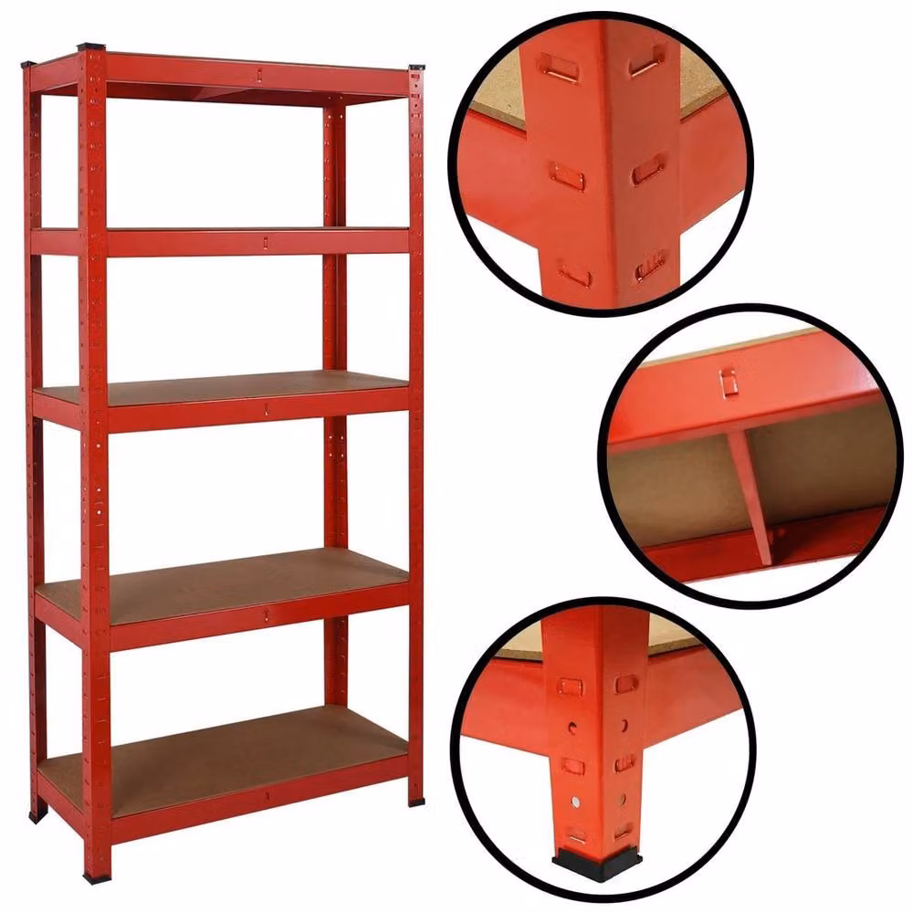 VOGREX Red 5-Tier Heavy Duty Metal and MDF Boltless Storage Rack for Garage or Shed – 3