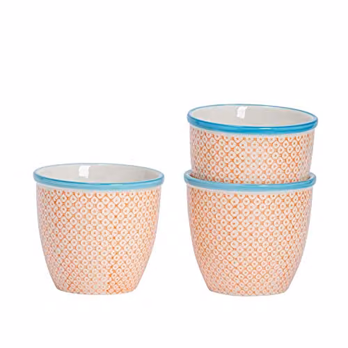 Nicola Spring Hand-Printed Floral Ceramic Plant Pots, Orange and Blue, Pack of 3, Diameter: 14 cm – 1
