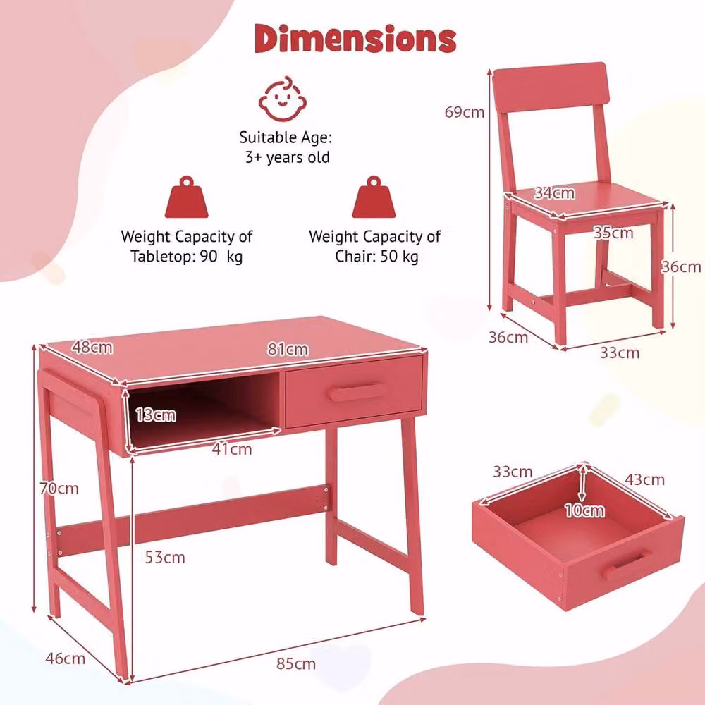 EONLION Pink Childrens Study Desk and Chair Set with Pine Wood Design – 2