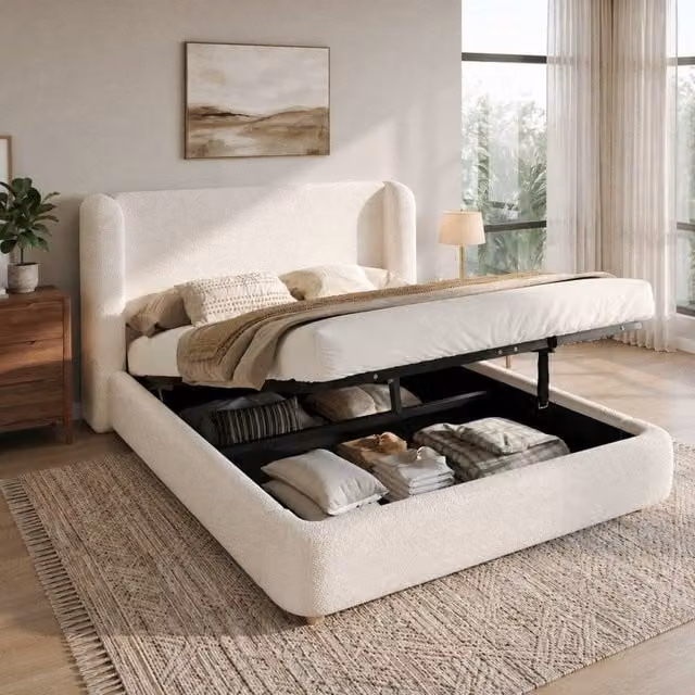 Merax King Size Ottoman Bed with Wingback Headboard in Cream White Bouclé, W/D/H: 150 x 200 x 181 cm