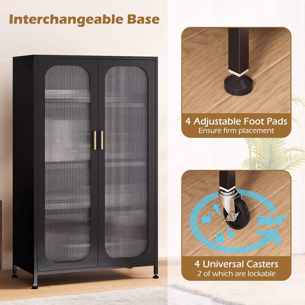 Gymax 5-Tier Tall Kitchen Pantry Cabinet with 2 Hinged Doors and Wheels in Black – 4