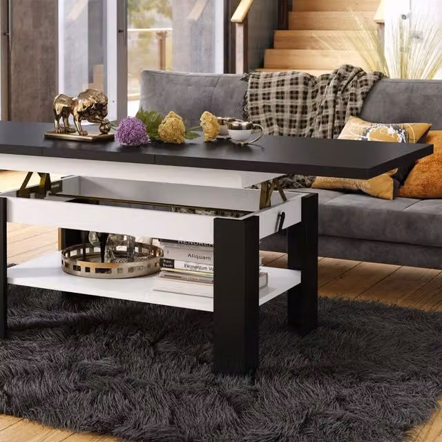 Heze Furniture Rio 2 in 1 Extending Coffee and Dining Table, Black and White