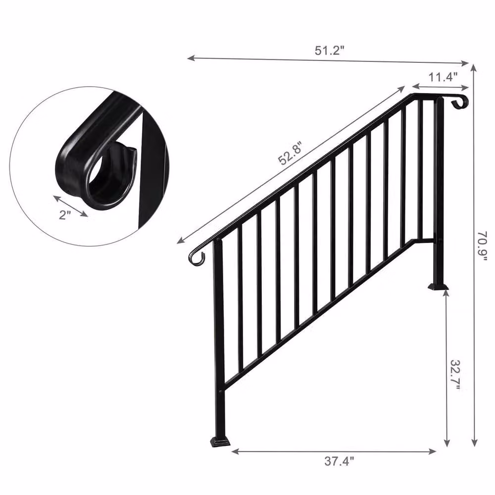 Hinsinc Matt Black Iron Metal Stair Handrail for 4-5 Outdoor Steps, W: 1000 cm, D: 52 cm – 2