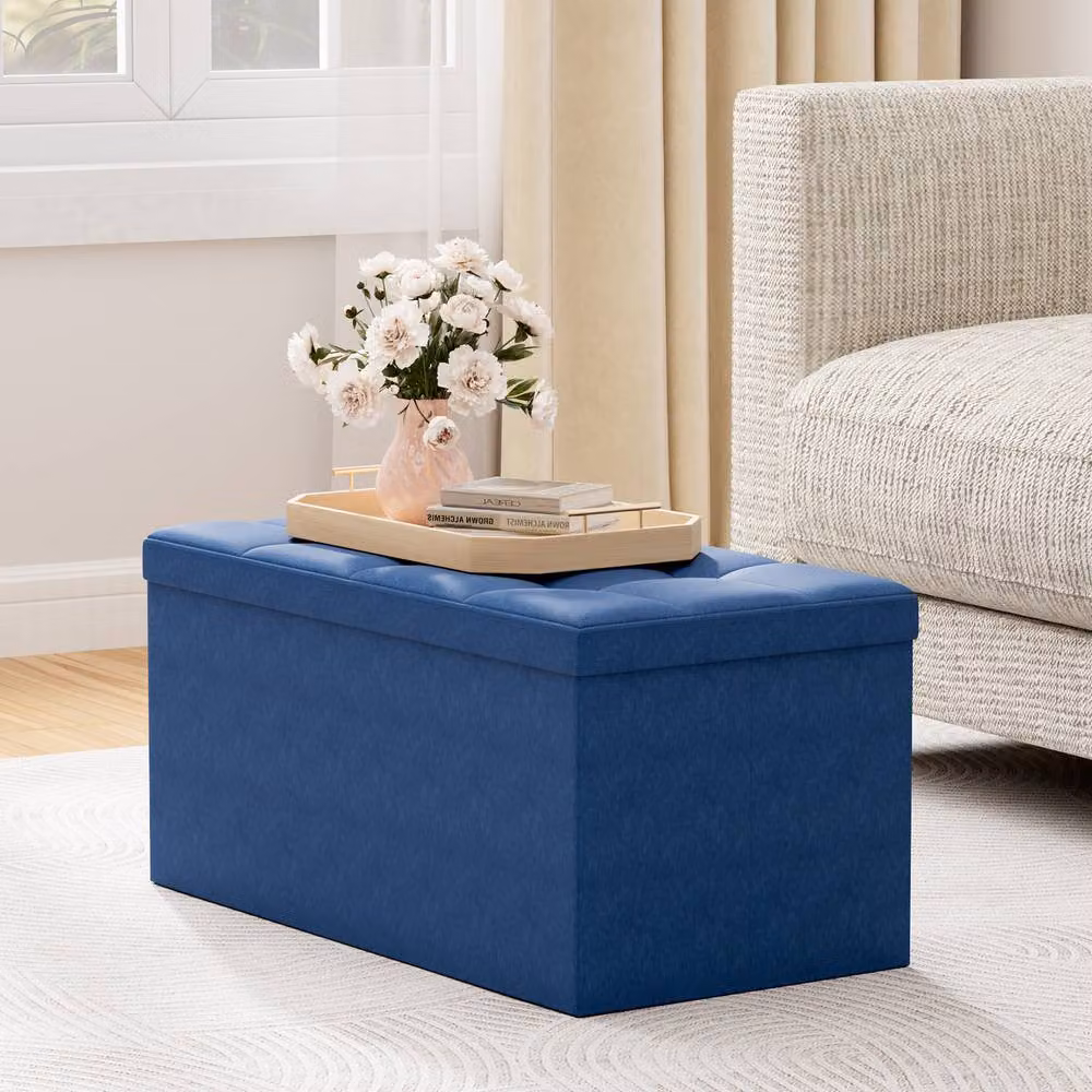 MCC Direct Blue Upholstered Rectangular Foldable Storage Ottoman Bench, W: 76 cm, D: 36 cm, H: 36 cm – 2