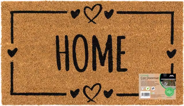 JVL Natural Coir Entrance Doormat with Heart Design in Brown