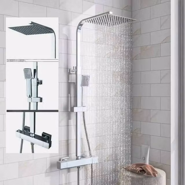 NESTLUNE Silver Thermostatic Exposed Twin Head Shower Mixer Set with Single Lever and Safety Stop
