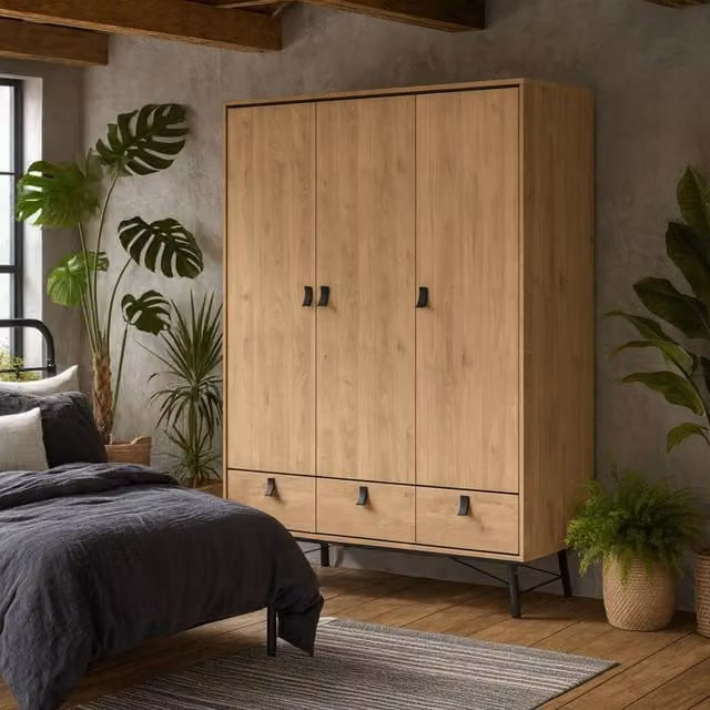 Wyld Haus Juno 3 Door 3 Drawer Wardrobe in Natural Oak, H 200.4 cm x W 150.2 cm x D 60.1 cm