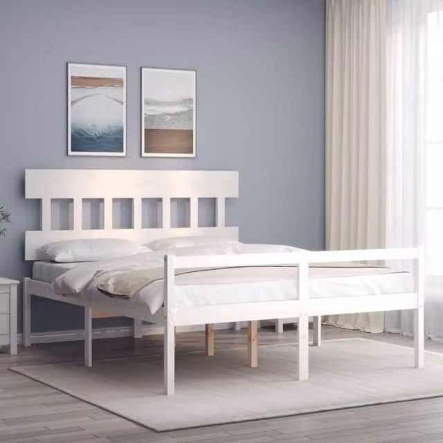 Berkfield Home Solid Wood Bed Frame with Headboard in White, W/D/H: 160 x 200 cm