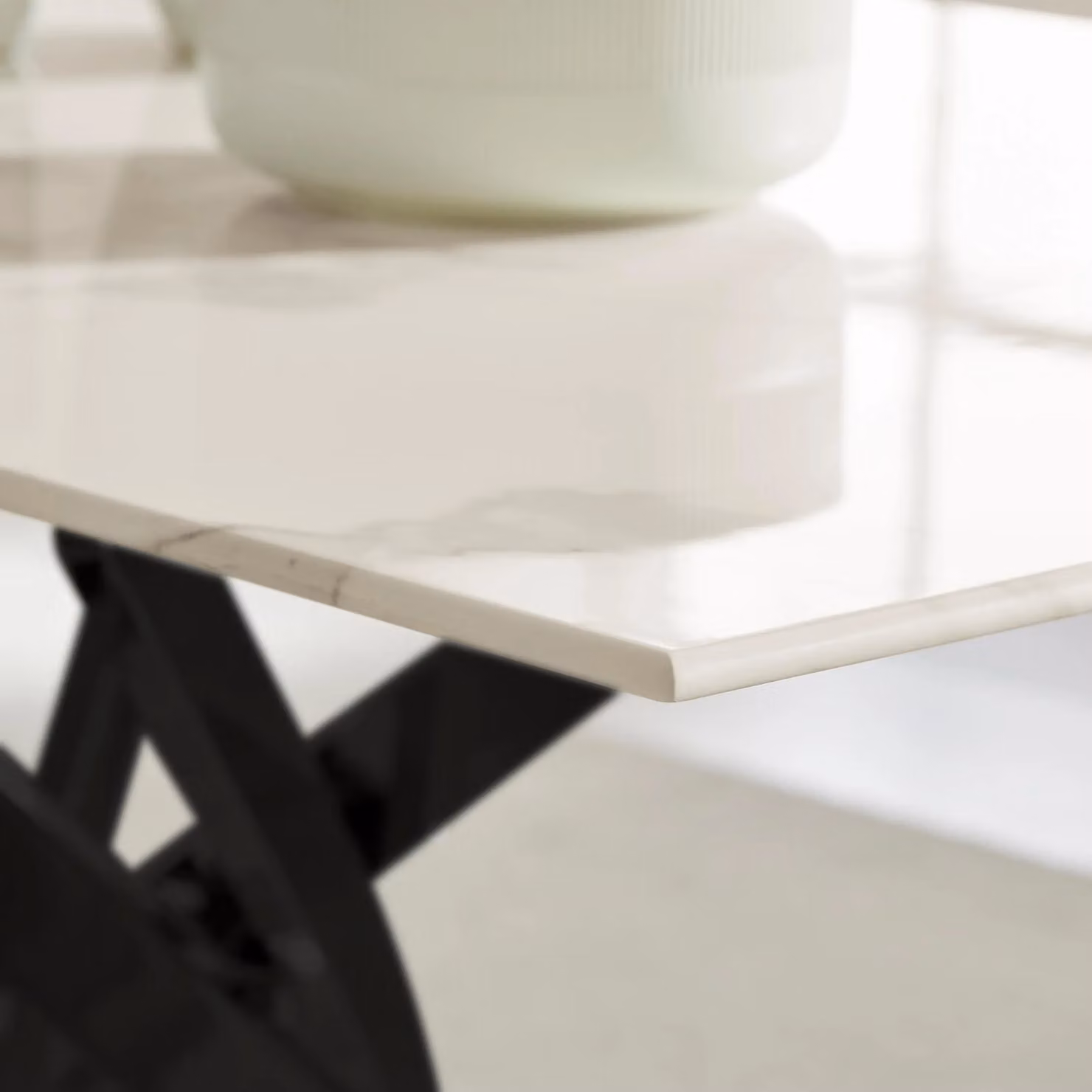 FurnitureboxUK Leonardo 6-Seater Rectangular Dining Table with White Marble Effect Glass Top and Black Metal X-Frame Legs – 2