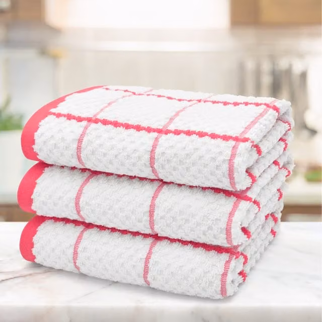 Kitchen Trends Set of 3 Highly Absorbent Checked Cotton Tea Towels in Pink and White