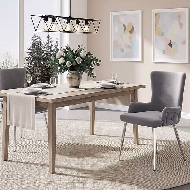 HomeTouch Set of 2 Modern Grey Velvet Wing Back Dining Chairs with Silver Metal Legs