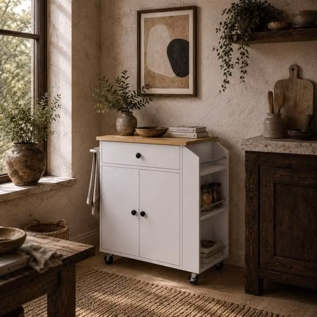 Wyld Haus Valetta White Wood Rolling Kitchen Island with Drawer, W/D/H: 82 x 38 x 86.5 cm – 1