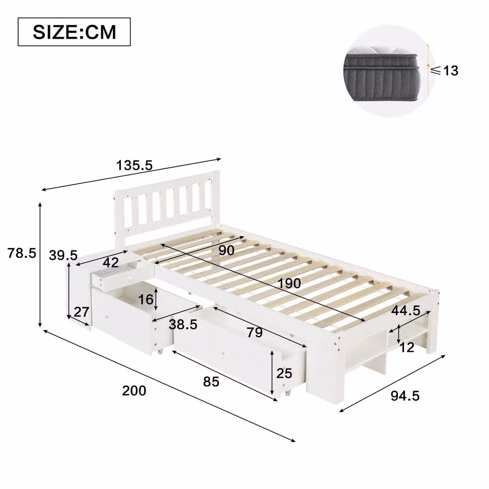 Merax White Single Storage Bed Frame with Drawers, W/D/H: 90 x 190 x 40.25 cm – 2