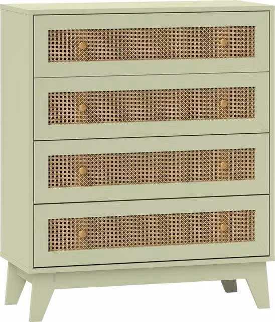 HOMCOM 4-Drawer Chest of Drawers with Rattan Element in Light Green – 1