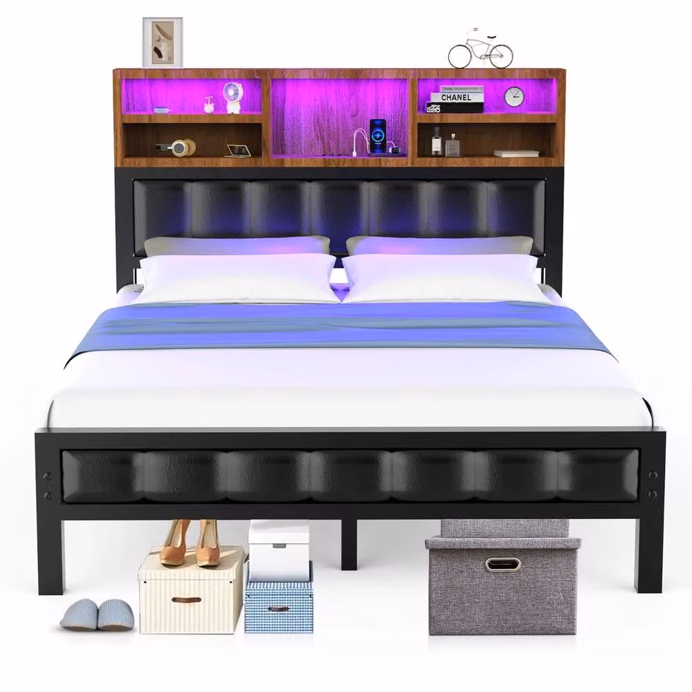 FLAVORA Industrial Metal Platform Cot Bed Frame with RGB Under-Bed Lighting and USB Charging Port in Black – 2