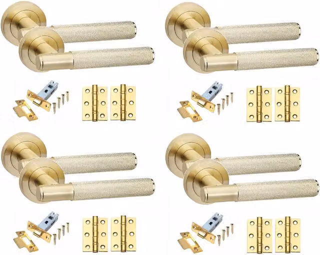 Golden Grace 4 Set Knurled T-Bar Internal Door Handles with Rose in Gold Brass