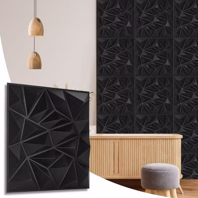 NOVECRAFTO Matte Black 3D Diamond Design PVC Wall Panels, W/D/H: 50 x 50 x 0.25 cm