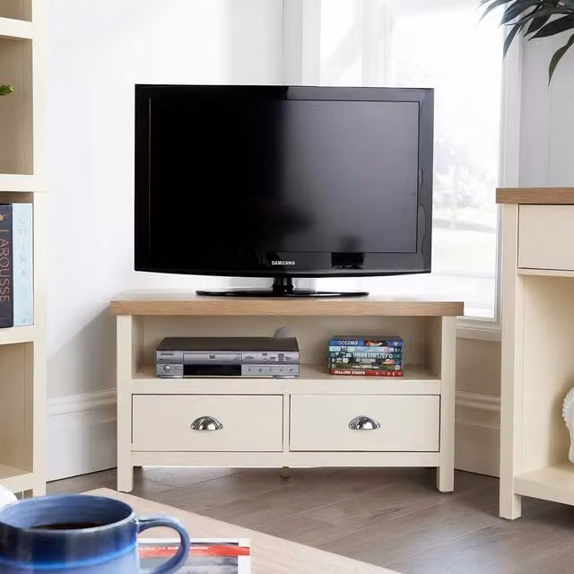 Home Source Avon 2 Drawer Corner TV Stand Storage Unit in White and Oak Effect