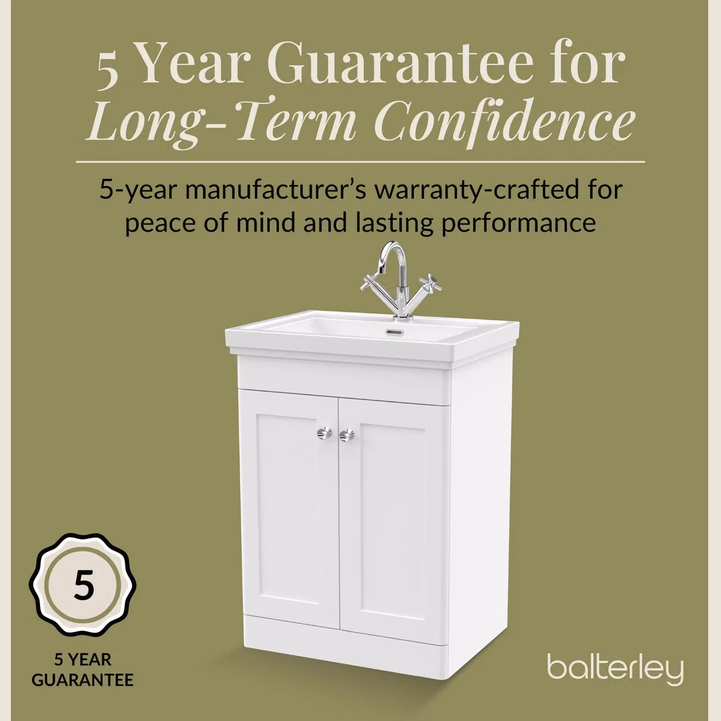 Balterley 2-Door Freestanding Bathroom Floor Vanity Unit with Fireclay Basin, Satin White, W: 60 cm, H: 86.5 cm – 3