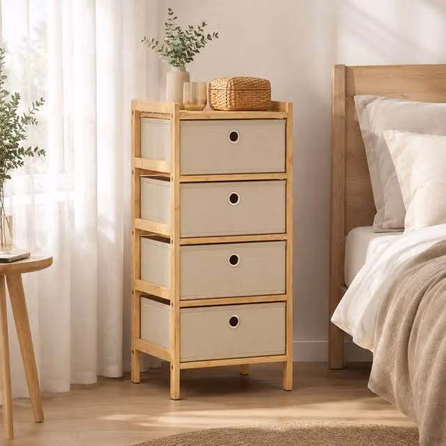 STILVORA Slim Chest of Drawers with 4 Fabric Drawers in Beige – 1