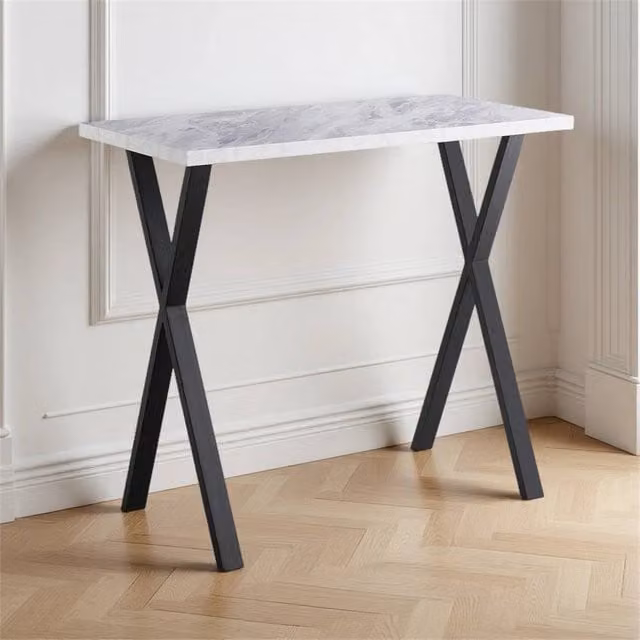 Nordara White X-Leg Bar Table and Kitchen Island Breakfast Counter in Glossy MDF and Metal, W: 104 cm, D: 60 cm, H: 90 cm