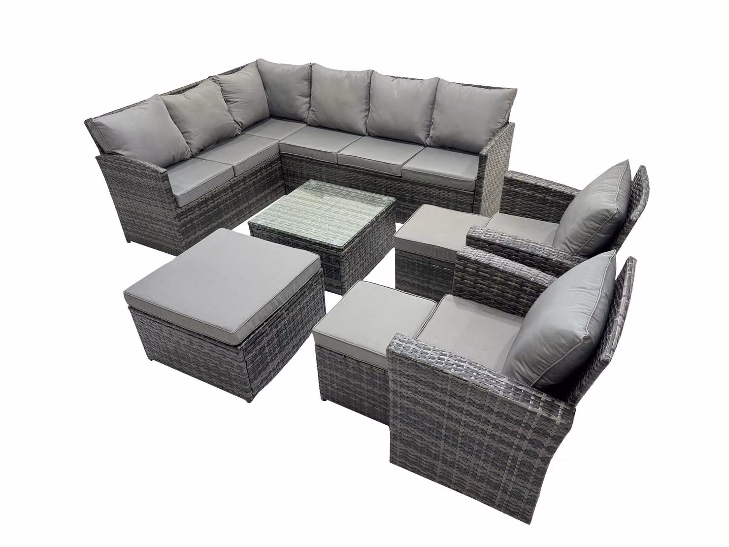 Fimous 11 Seat Poly Rattan Corner Sofa Set with 3 Stools and 2 Chairs in Dark Grey – 2