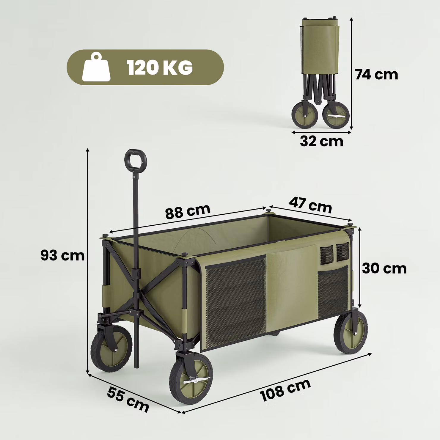 Outsunny Folding Garden Trolley with Wheels and Folding Board, Collapsible Green Outdoor Utility Wagon with Steel Frame – 3