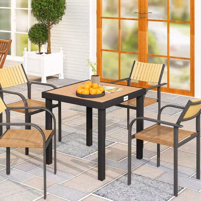 Outsunny Garden Dining Table for 4 with Aluminium Legs, Natural Wood Finish and Black Details, Width: 78 cm