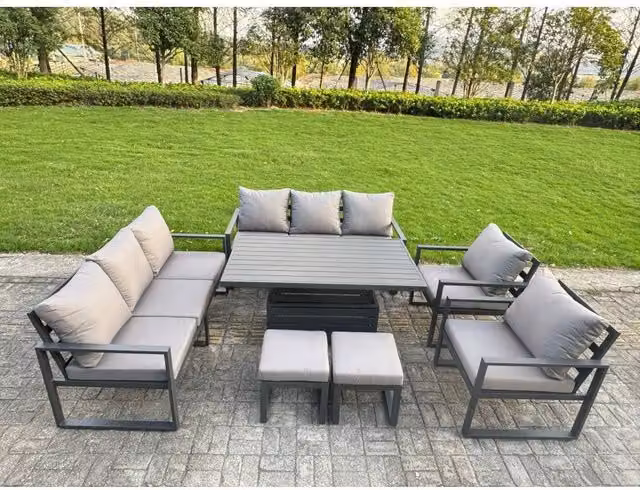 Fimous 7-Piece 10-Seater Aluminium Dining Set with Lifting Table and Cushions in Anthracite Grey