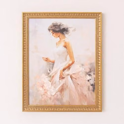 Melody Maison Large Vintage Ballerina Floral Wall Print in Pink, White and Gold, W: 40 cm, H: 50 cm