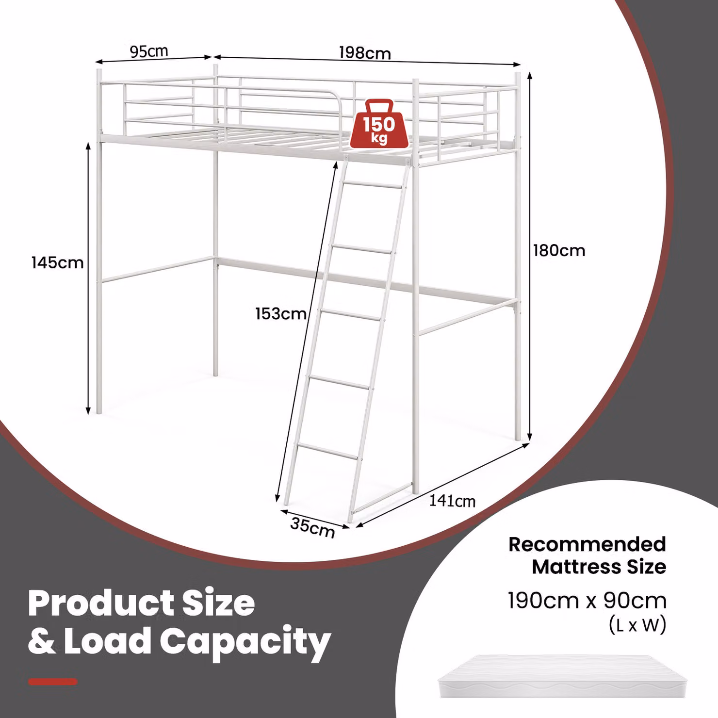 Costway Modern Single Metal Loft Bed Frame High Sleeper in White, 90 x 190 cm – 2