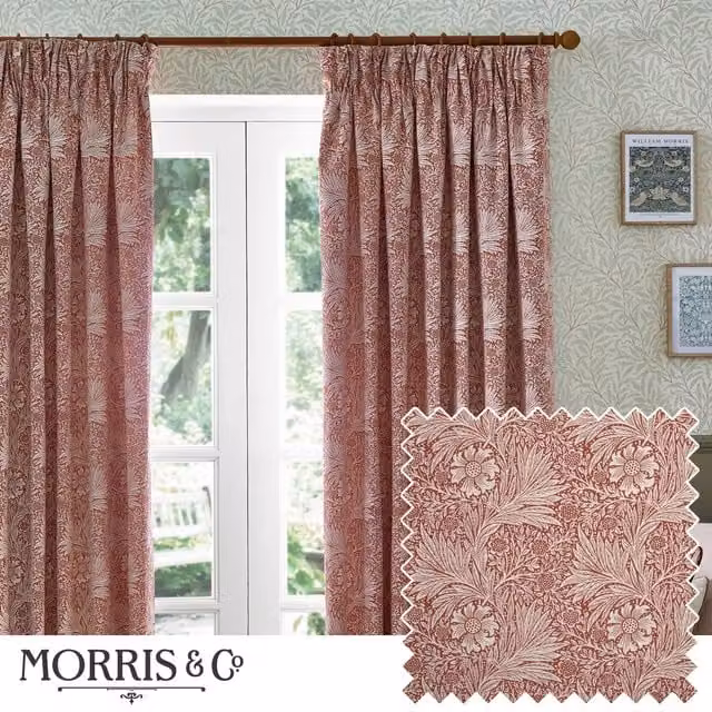 Morris & Co Marigold Floral Jacquard Pencil Pleat Curtains in Red and Brown, Width: 229 cm, Drop: 137 cm – 1