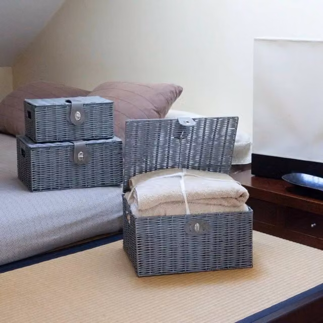 FLAVORA Set of 3 Grey Resin Wicker Woven Storage Baskets with Handles