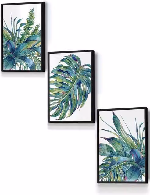ARTZE Blue and Green Tropical Leaves Watercolour Framed Wall Art in Black, W: 33 cm, H: 45 cm, D: 2 cm