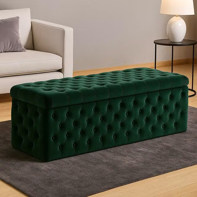 R&M Furnishers Wide Lux Chesterfield Ottoman Storage Box in Forest Green Plush Velvet