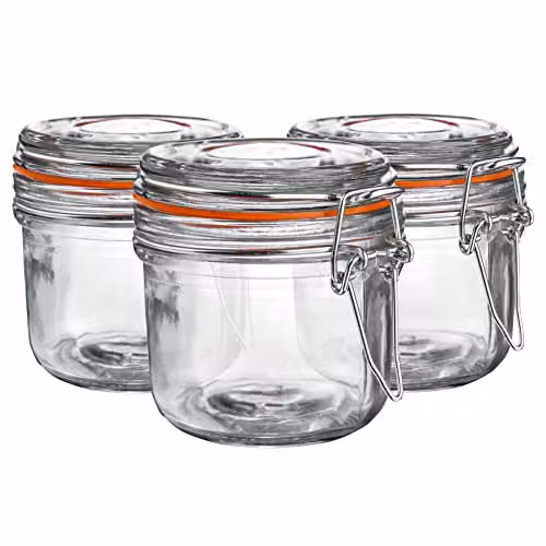 Argon Tableware Glass Storage Jars with Airtight Stainless Steel Clip Lids, 200ml, Set of 6, Transparent with Orange Seals – 1
