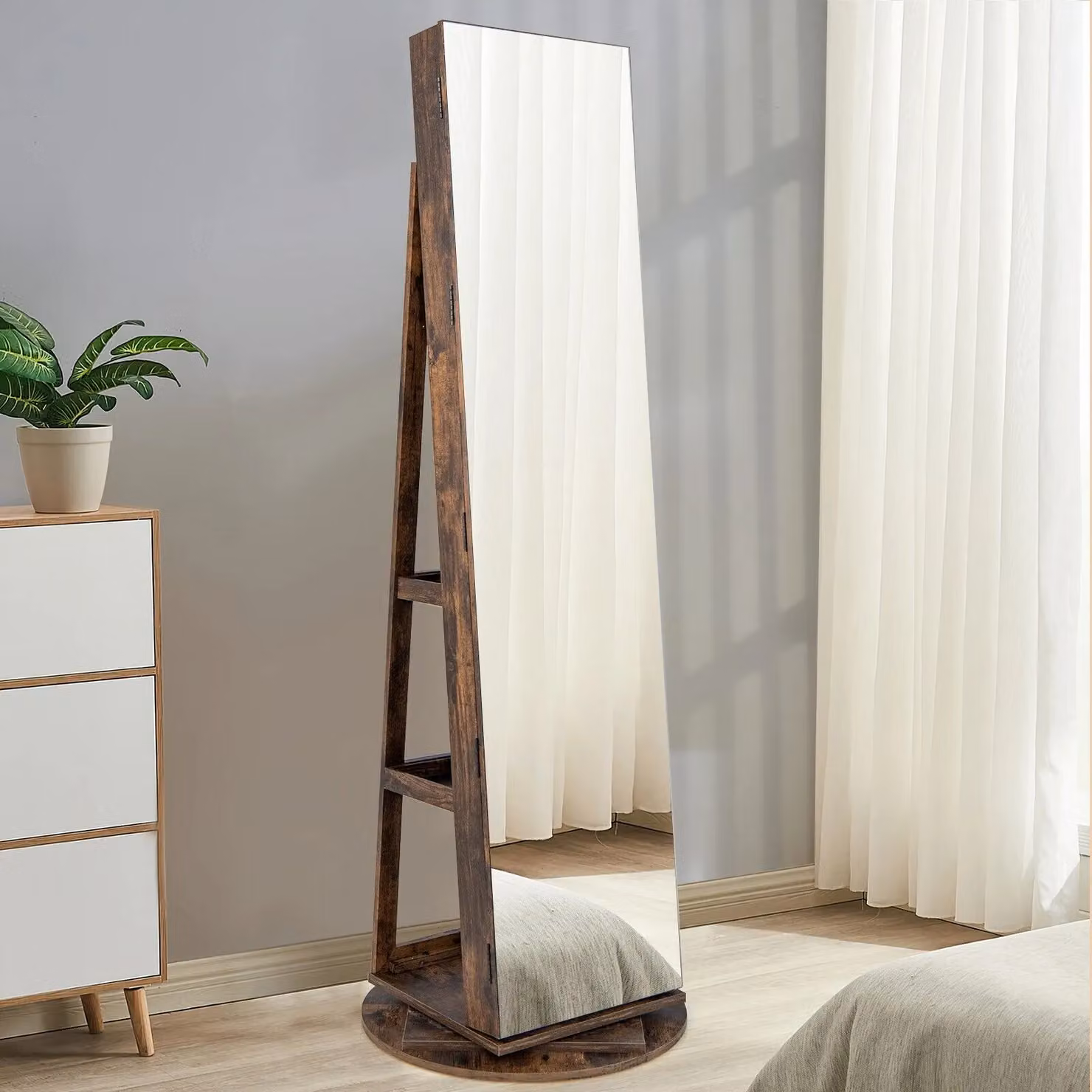 Costway Rotating Freestanding Jewelry Armoire with Full Length Mirror and LED Lighting in Brown – 5