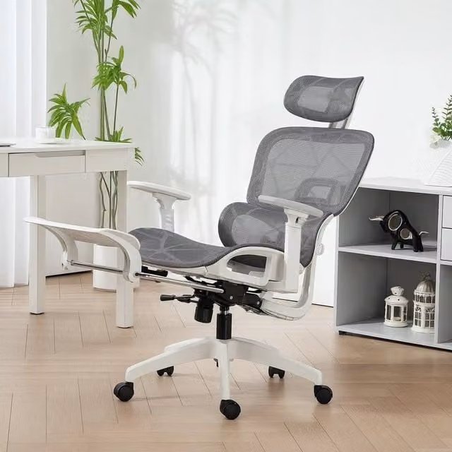 EONLION Grey and White Ergonomic Executive Office Chair with Headrest and Seat Depth Adjustment