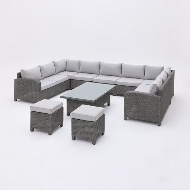 Segrada U-Shaped Polyrattan Garden Furniture Set in Grey with Rising Table and Ottoman for 9 Adults