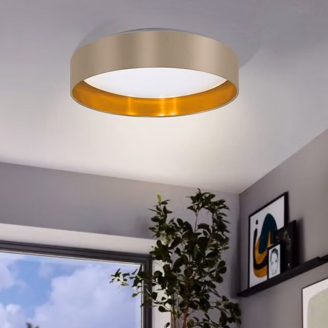 Eglo Maserlo 2 LED Cappuccino Fabric Ceiling Light in White and Gold/Brass