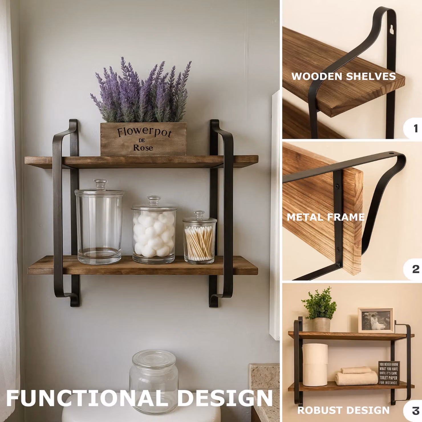 Rafaelo Mobilia Industrial 2 Tier Wooden Floating Shelf in Brown and Black, W/D/H: 60 x 15 x 51.5 cm – 5