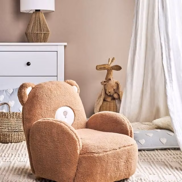 Wyld Haus Kids Bear Chair in Brown Bouclé Fabric with Rubberwood Legs
