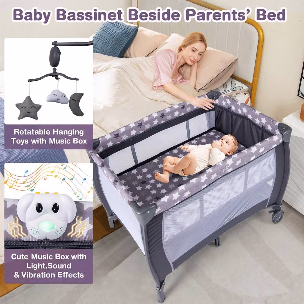 Costway 3 in 1 Foldable Baby Activity Center Playpen with Diaper Changing Table, Grey – 7