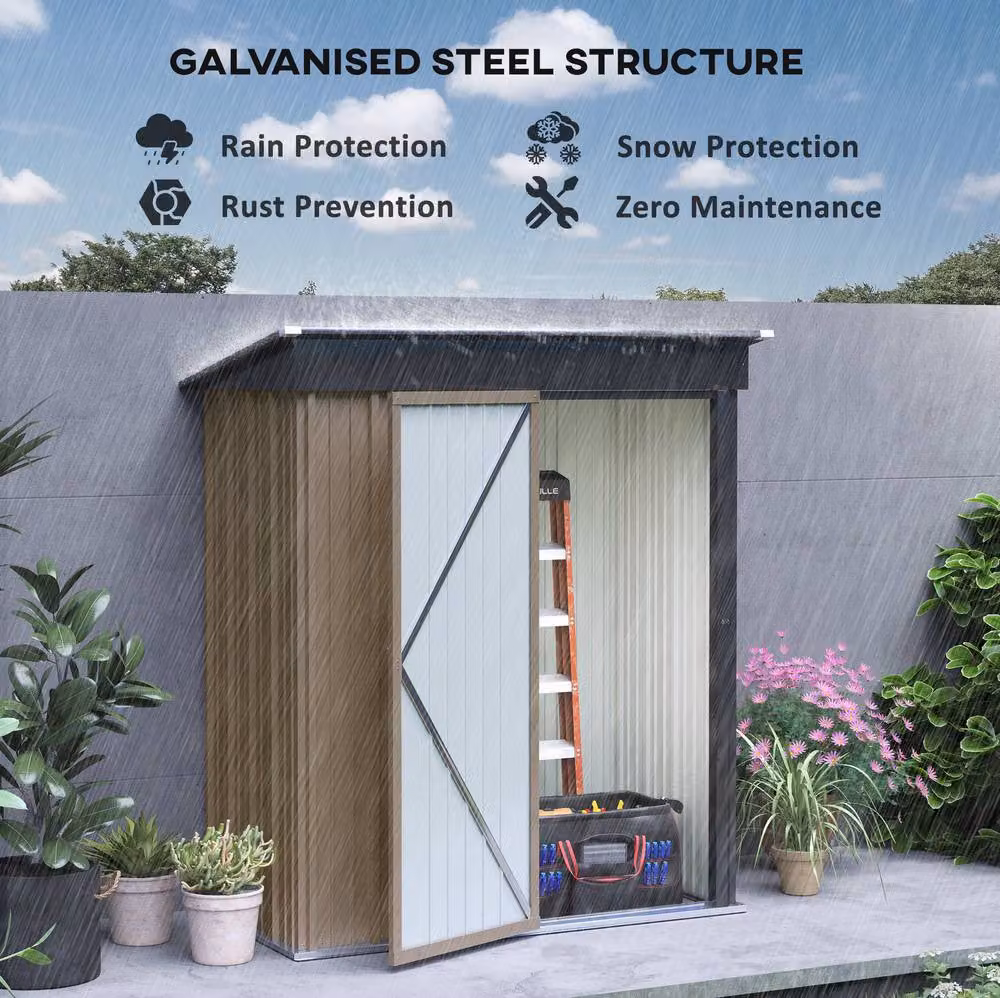 STILVORA Brown Steel Lean-to Garden Storage Shed with Lockable Single Door and Shelving, Height: 161 cm – 4