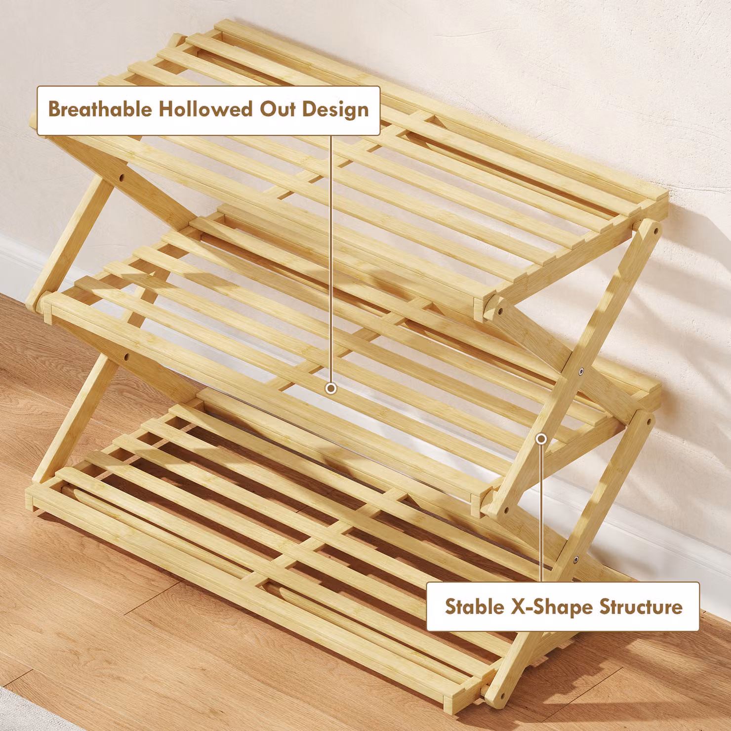 HOMCOM 3-Tier Bamboo Shoe Rack in Beige – 3