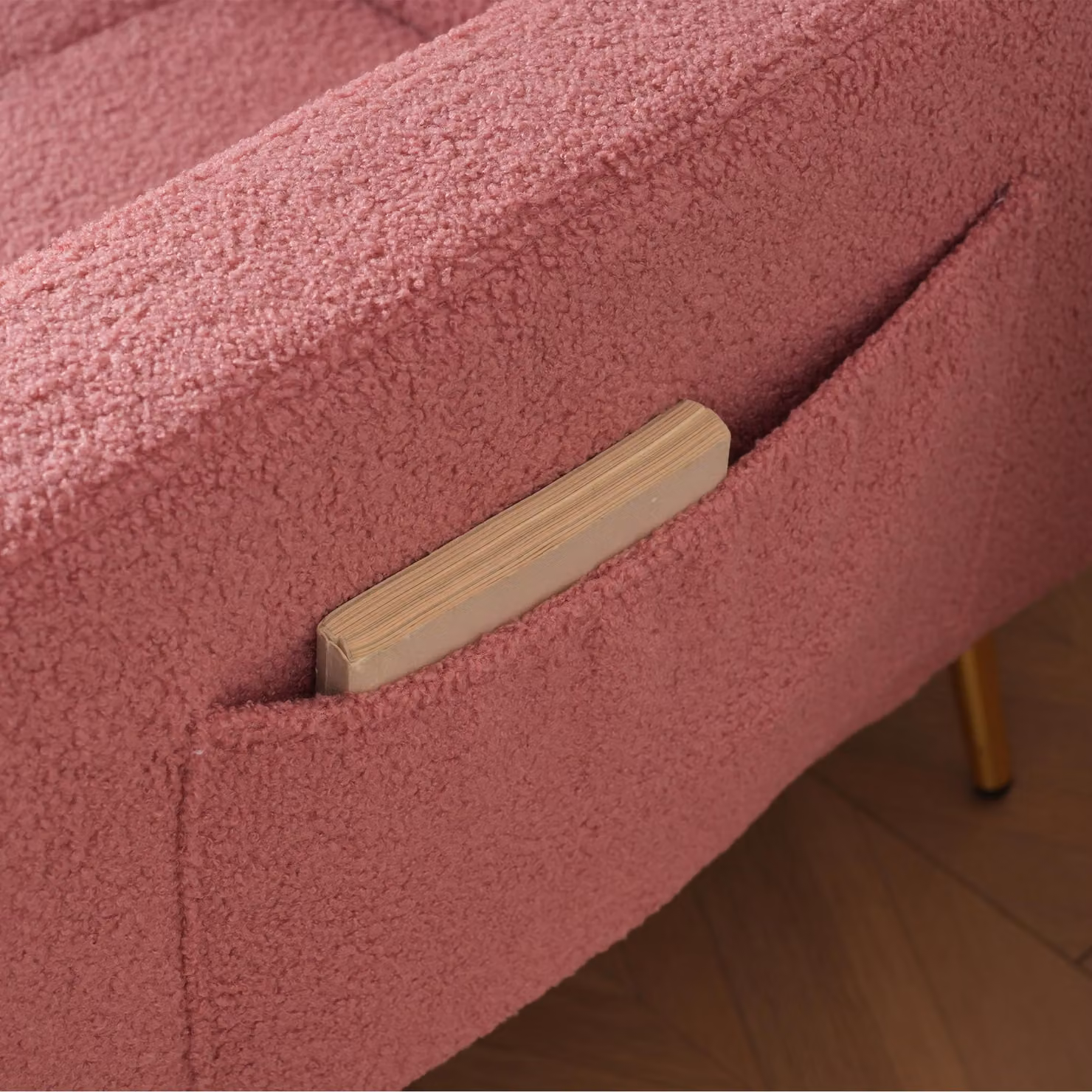 Aosom.UK Pink Sherpa Fabric Convertible Sofa Bed with Adjustable Backrest, Side Pockets and Golden Legs, W/D/H: 176 x 64 x 75 cm – 3