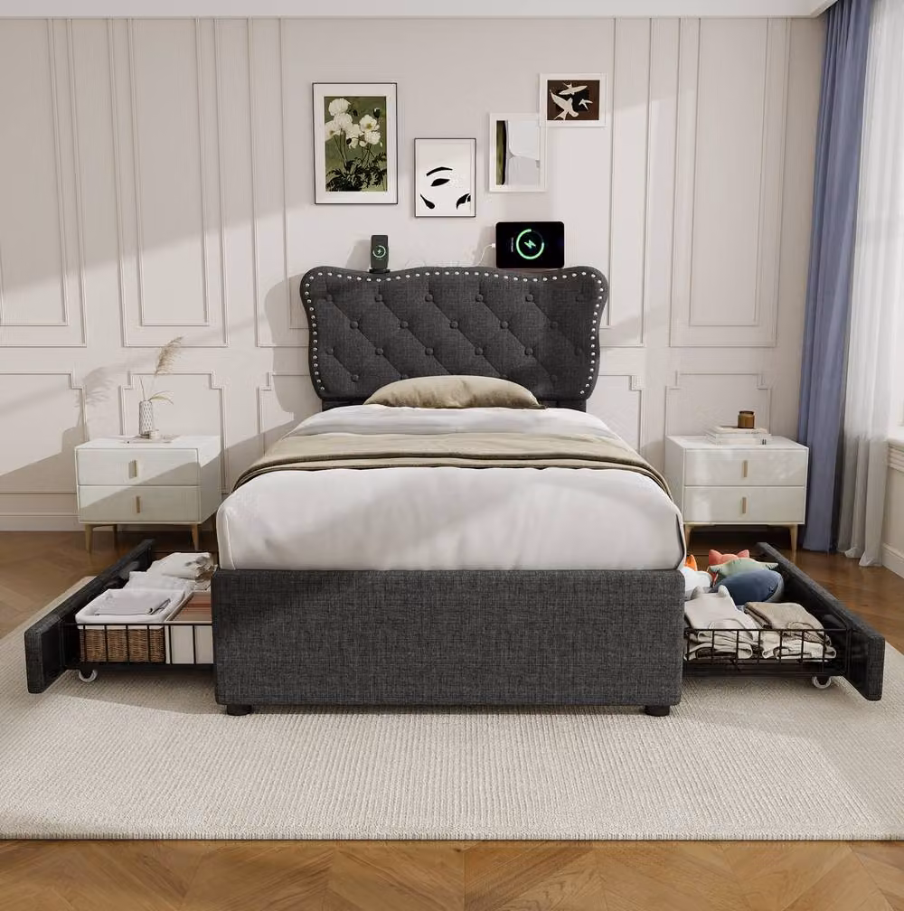 STILVORA Single Bed Frame with Storage Drawers and USB Charging Port in Grey, W/D/H: 90 x 190 cm – 2