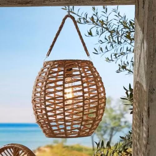 mysmartbuy Tortoli Solar Powered Natural Rope Lantern in Brown, Weatherproof LED Outdoor Garden Lamp, H25.5 x W25 x D25 cm – 1
