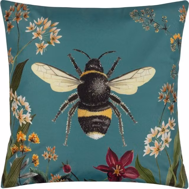 Garden Bee Floral Outdoor Cushion Cover in Petrol Blue